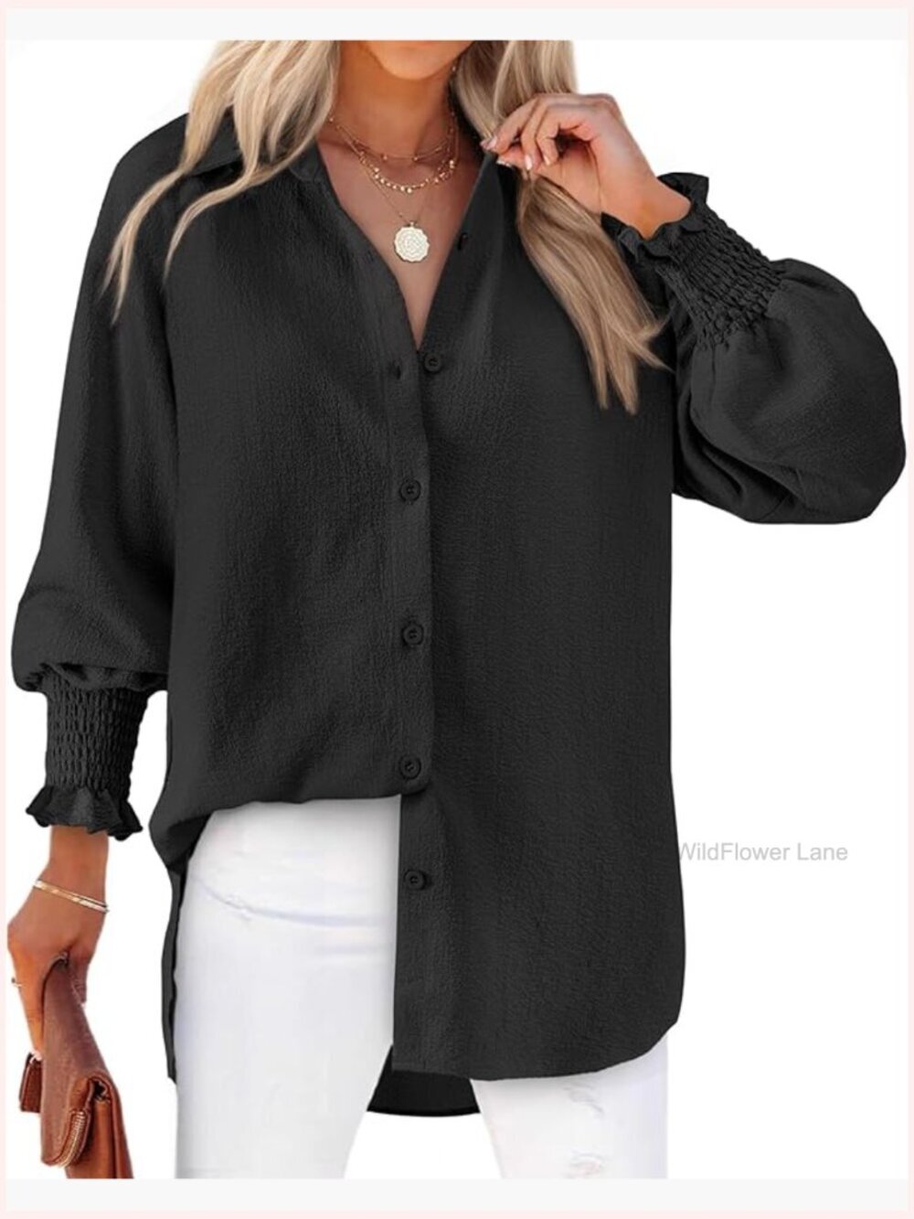 Striped Long Sleeve Smocked Cuff Button Down Blouse
